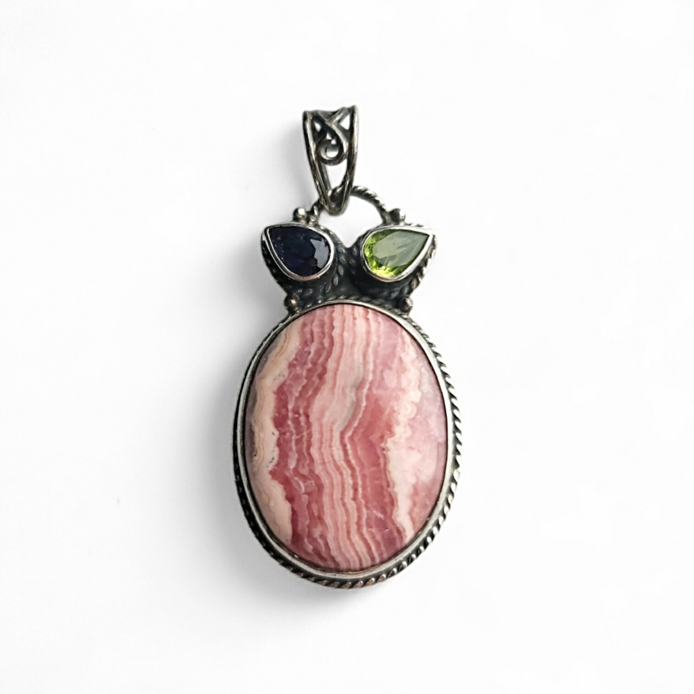Sterling Silver Rhodochrosite with Amethyst and Peridot Pendant